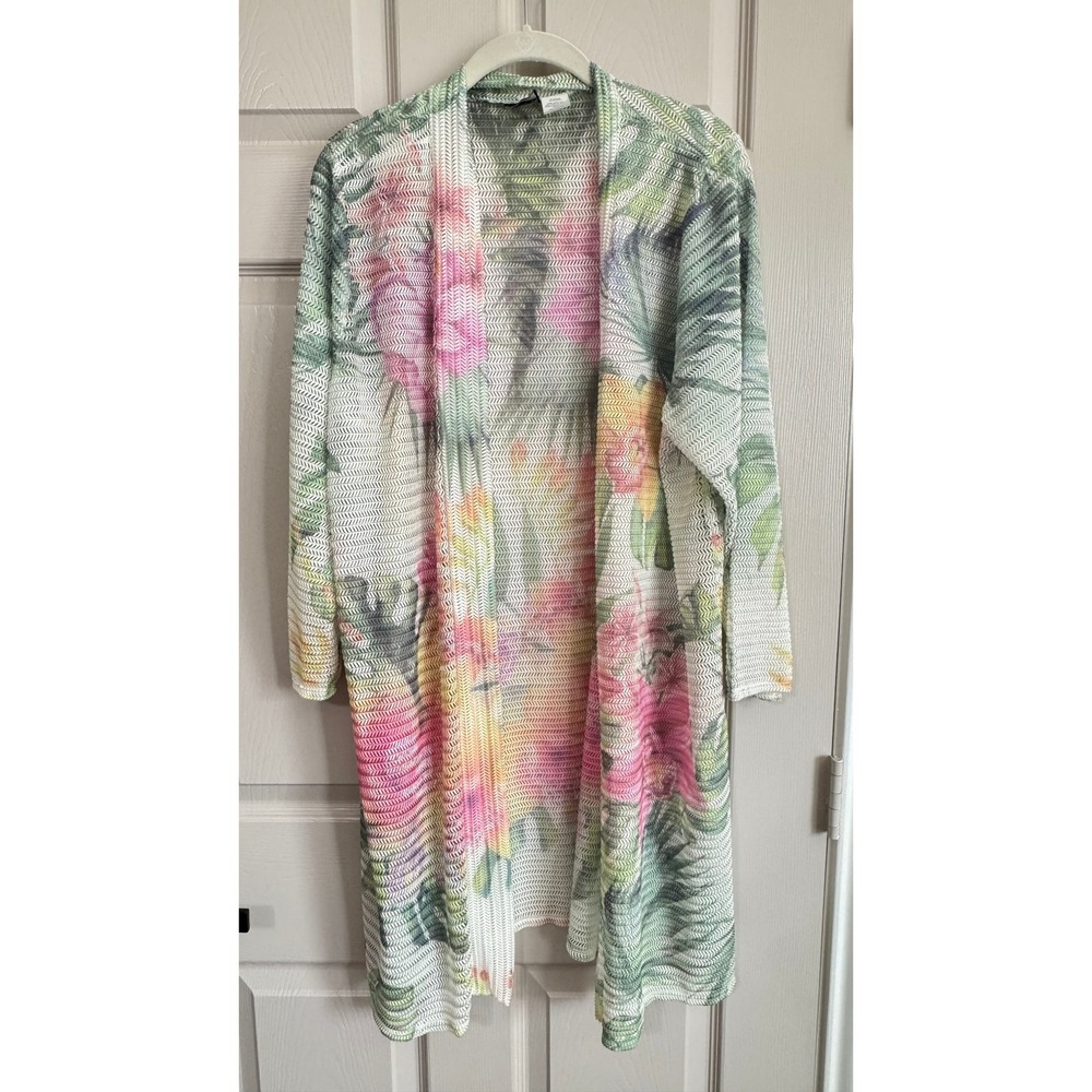 Calstyle Womens XL Tropical Floral Duster Cardigan Open Front Pointelle Knit USA